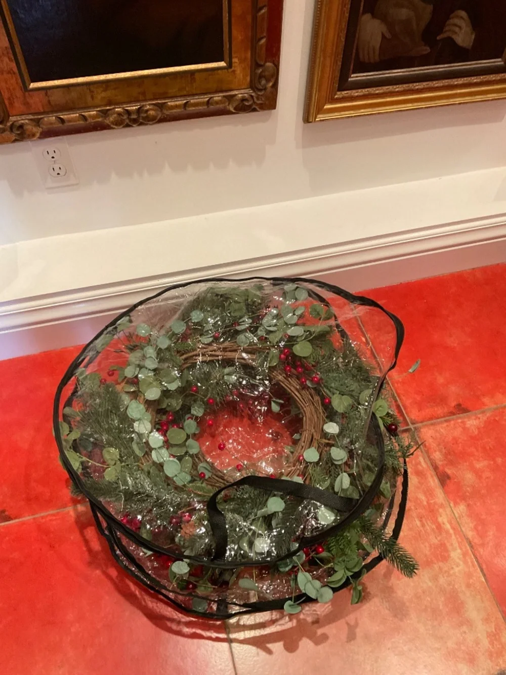 Set of three 22” Christmas wreaths with faux pine, eucalyptus and holy berries